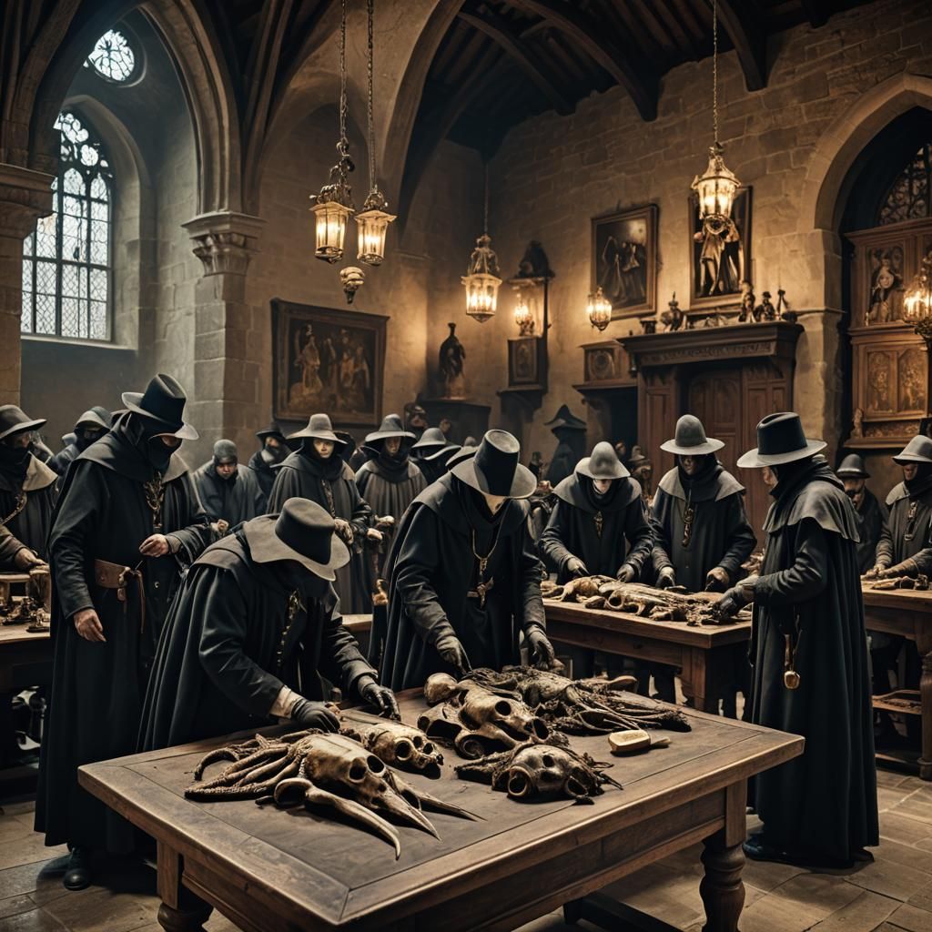 Plague Doctors Examine Patients in Medieval Hall