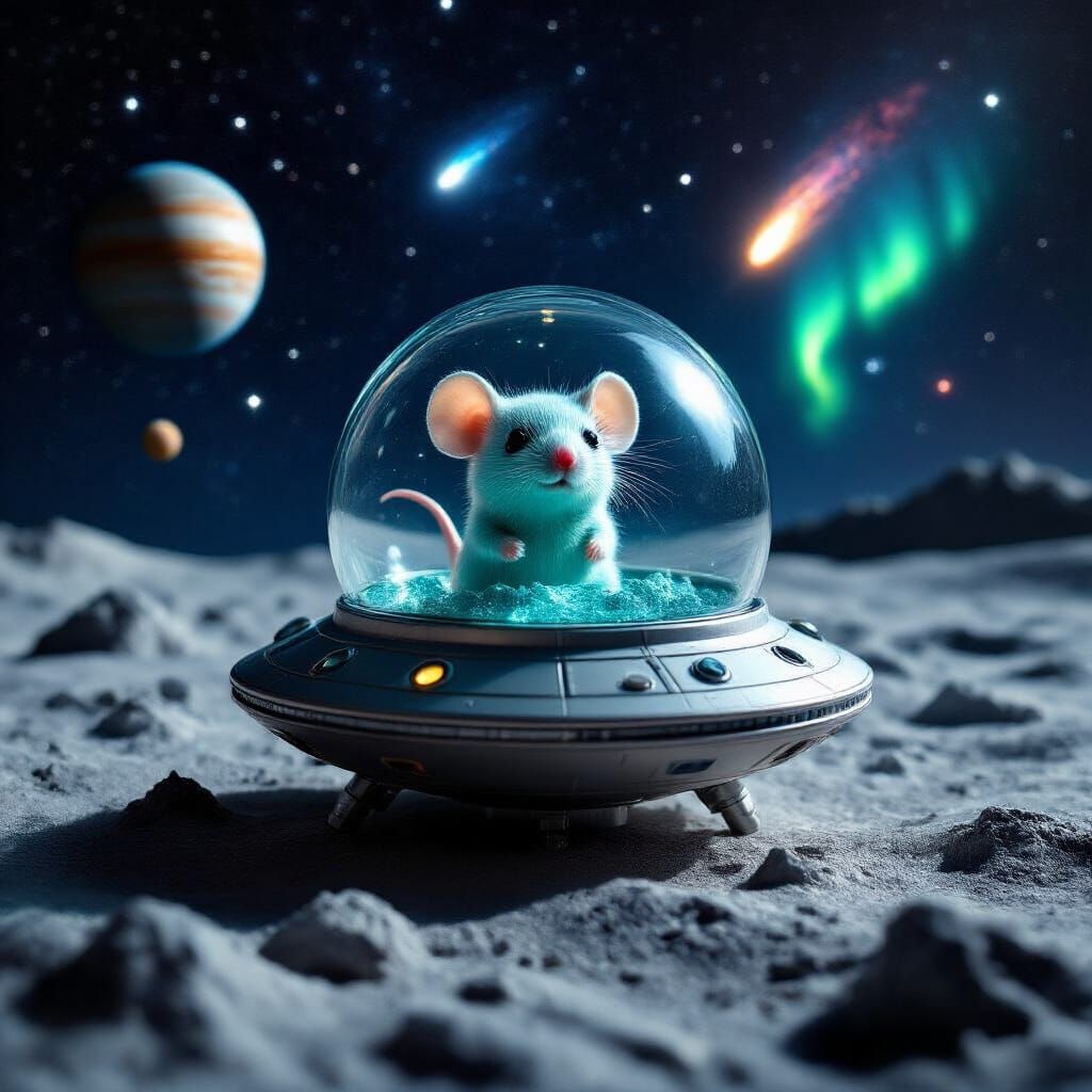 Alien Spaceship With Chibi Mouse on Moon Surface