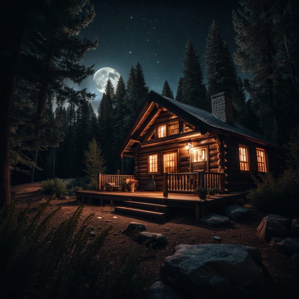 Cozy Cabin in the Woods at Night