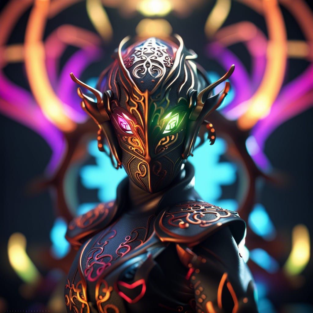 Ninja Warframe with Volumetric Lighting and Vorticism