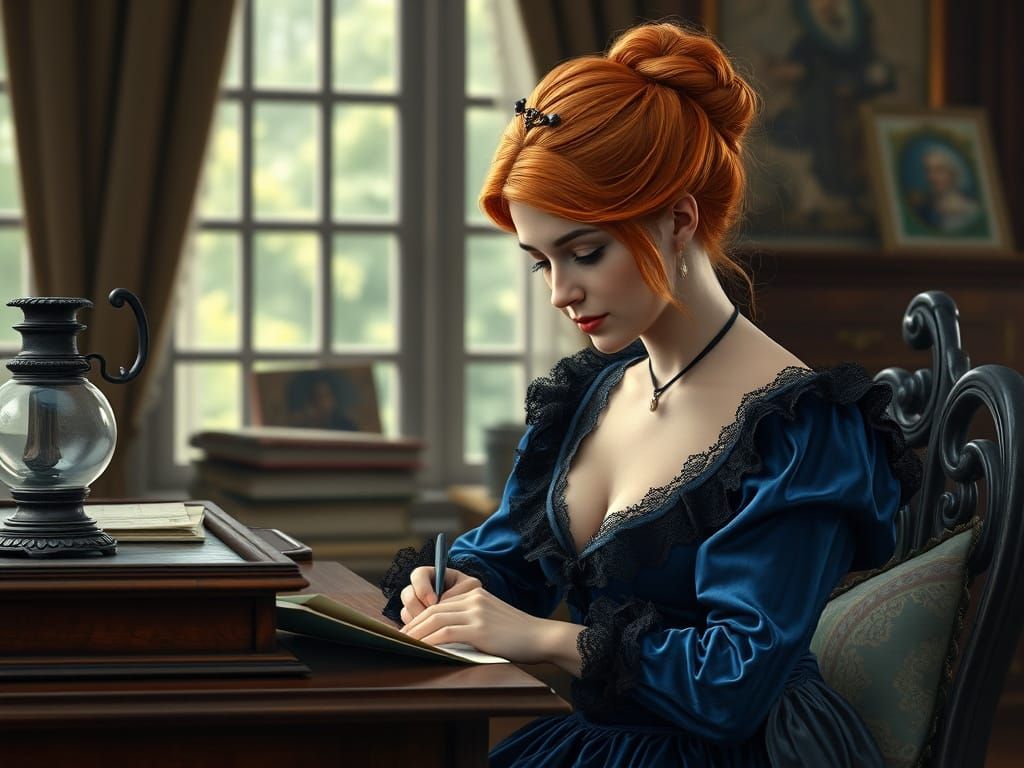 Elegant Lady Writes by Candlelight in a Victorian Study