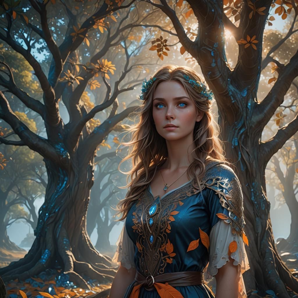 Ethereal Girl Under Tree: Fantasy Digital Art
