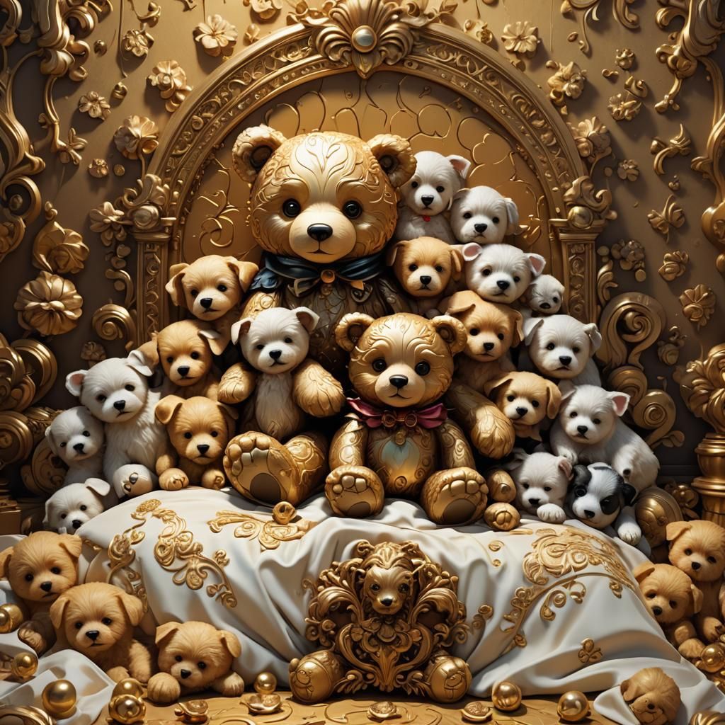 A stylized empesto-embossed teddy bear with chibi eyes, surrounded by numerous puppies, nestled snugly in a twin-sized b...