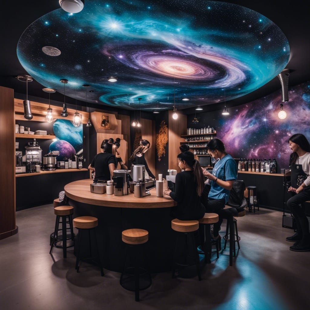 Cosmic Coffee Shop Amidst Swirling Nebulae