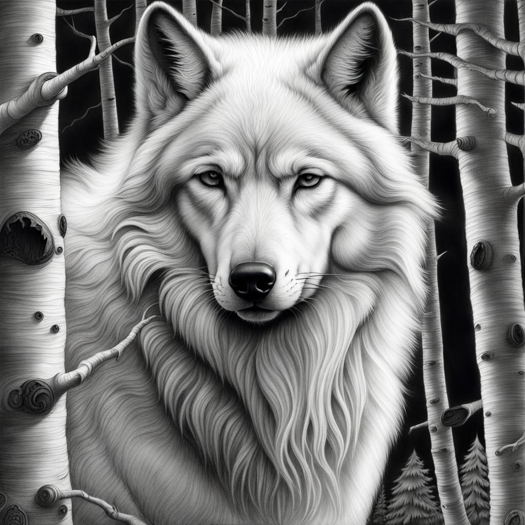 Majestic White Wolf Charcoal Drawing