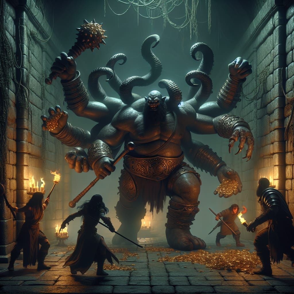 Multi-Armed Demon Battles Adventurers in Fantasy Dungeon