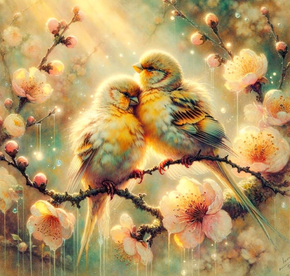 Courting Canaries in Early Watercolour Style
