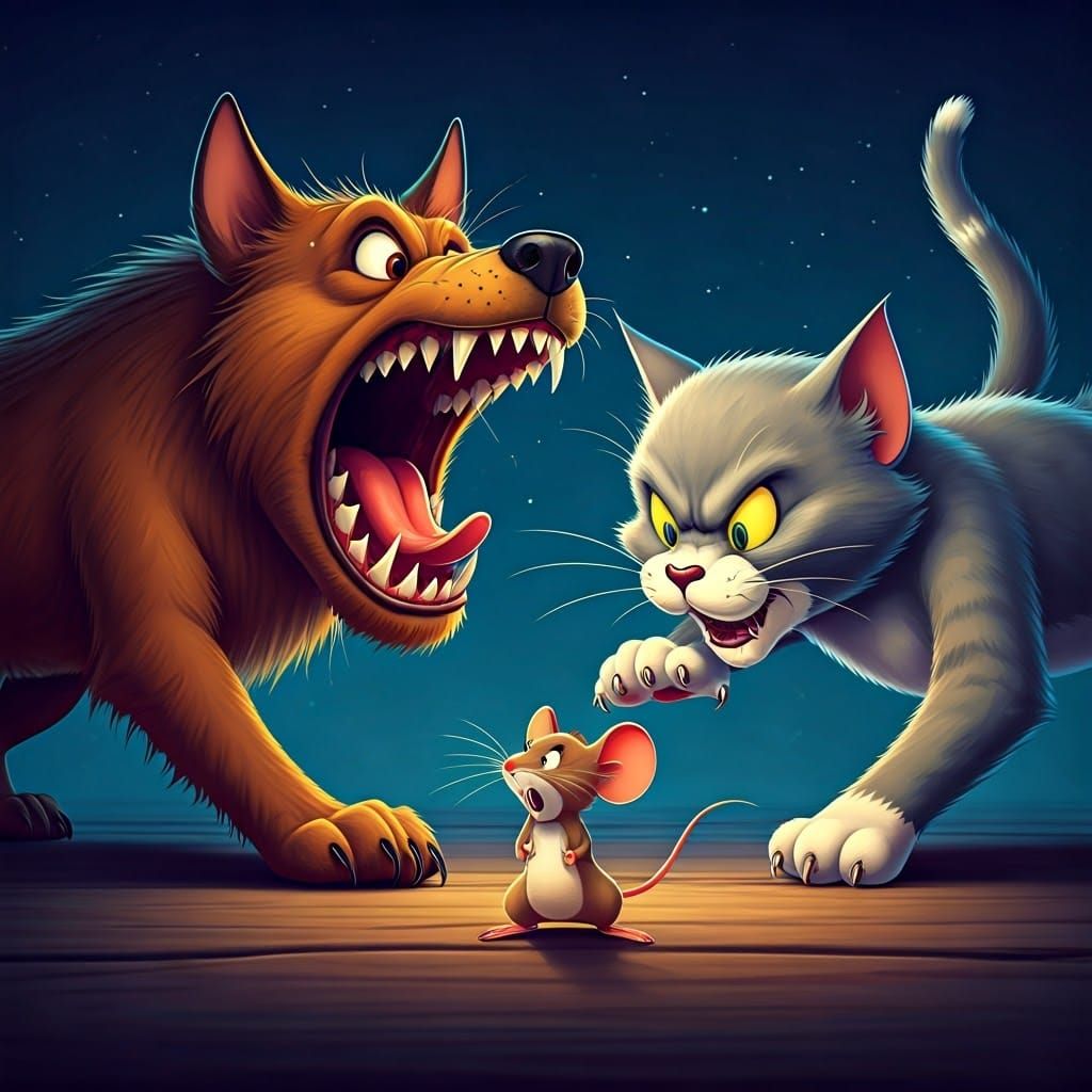 Furious Cat Lunging at Mouse in Cartoon Style