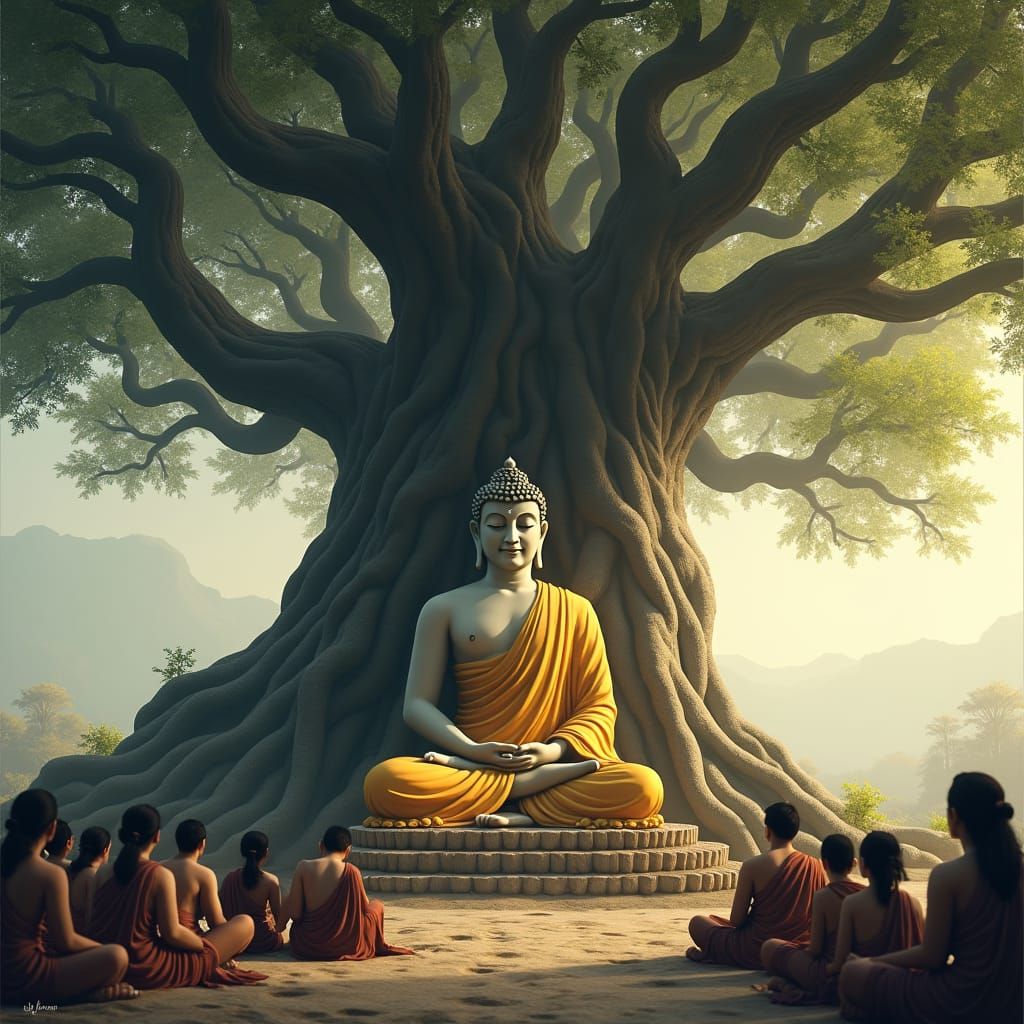 Serene Buddha Beneath Ancient Tree: Matte Painting