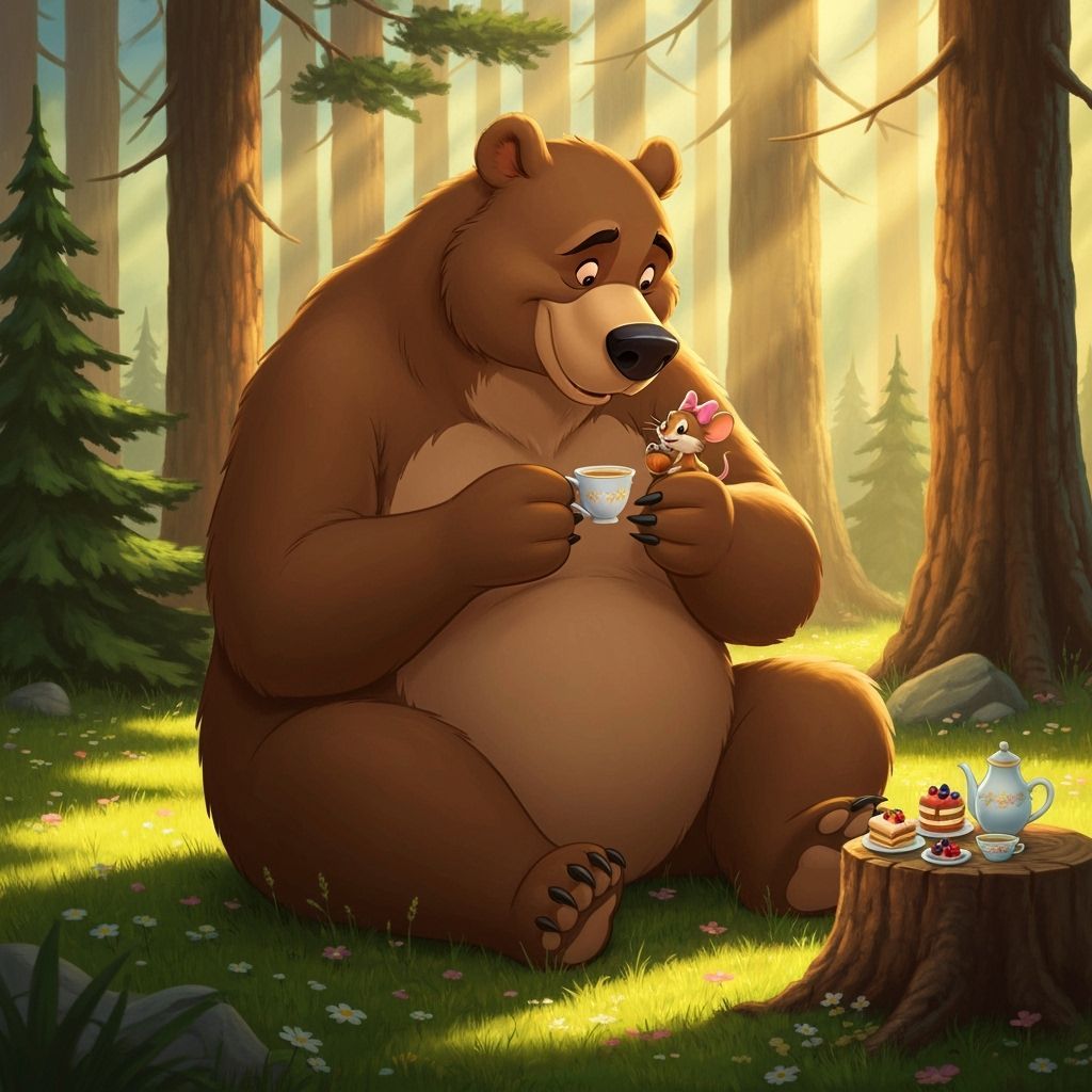 Gentle Bear Shares Tea with Mouse in Sunny Forest