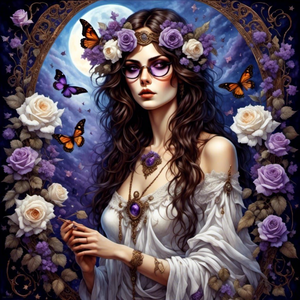 Watercolor Sorceress Portrait with Roses and Violets