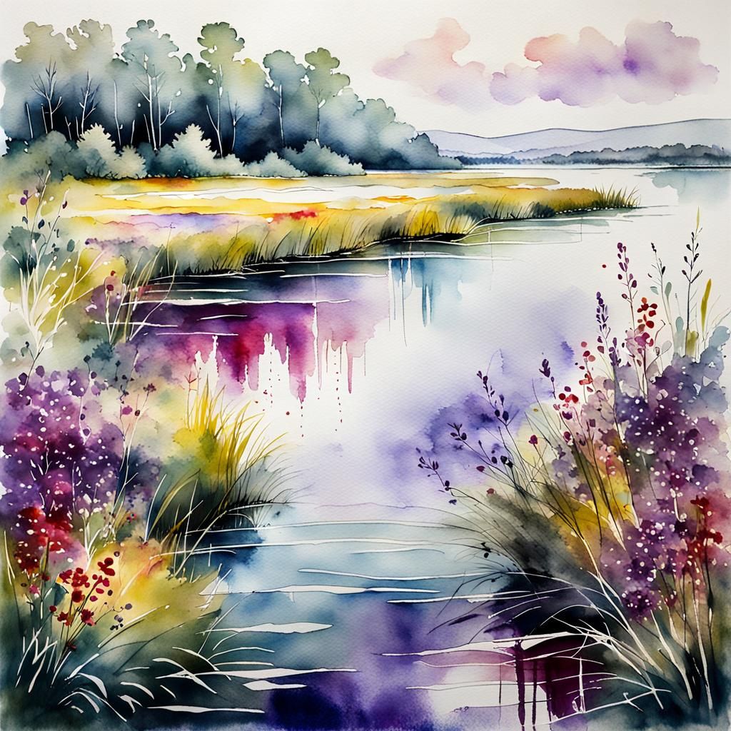 Abstract Expressionism Lake Shore Watercolour Painting