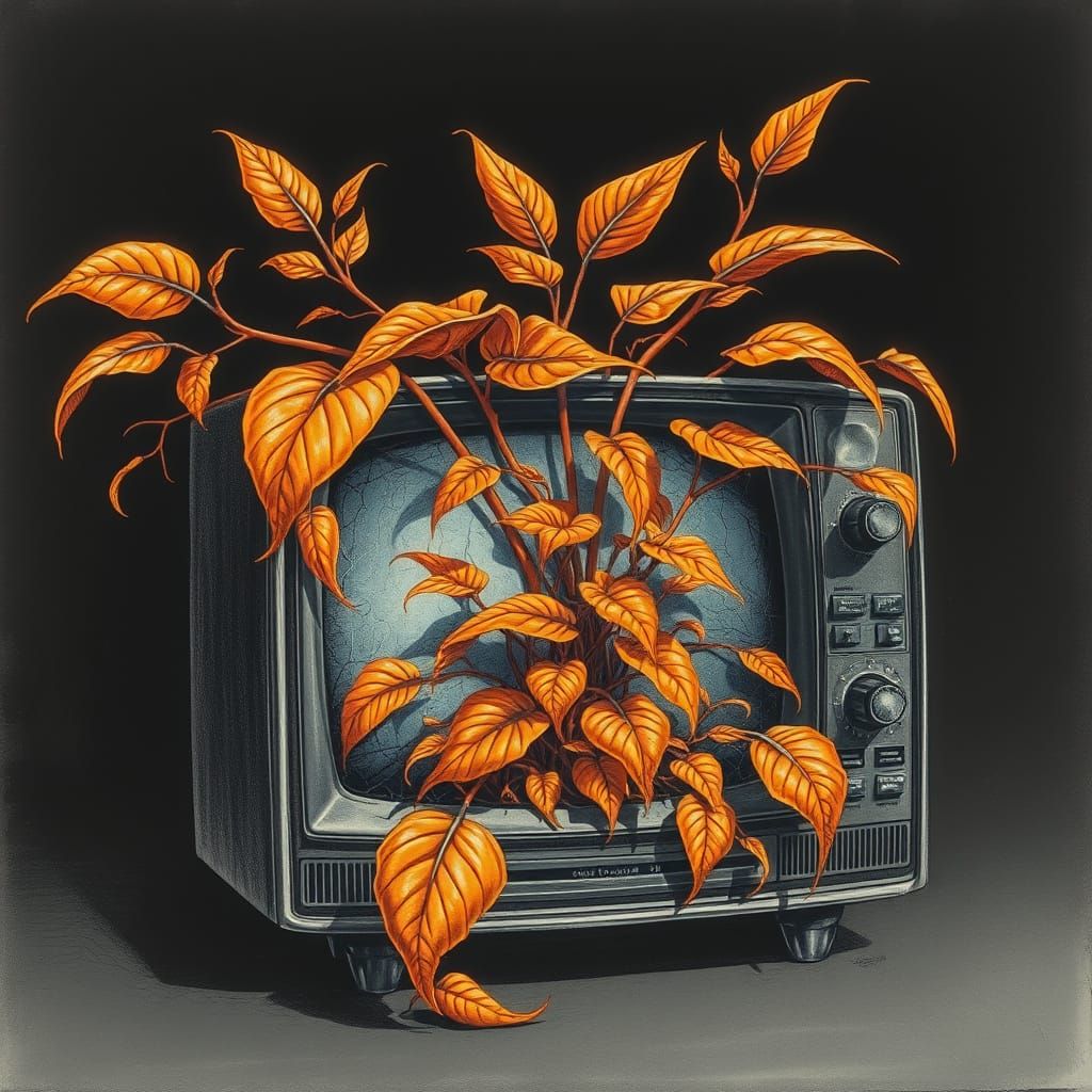 Orange Plant Thrives in Vintage TV, Charcoal Drawing