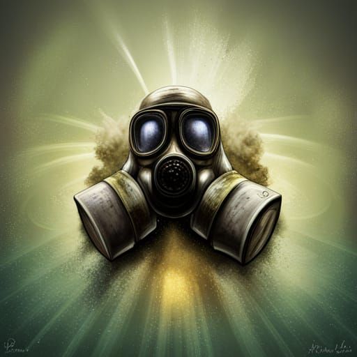 Hyperrealistic Gas Mask Figure Rolling Dice with Death