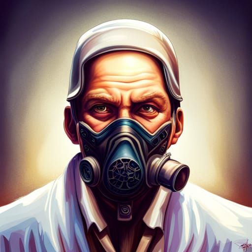 Gas Mask Figure Rolling Dice: Hyperrealistic Concept Art