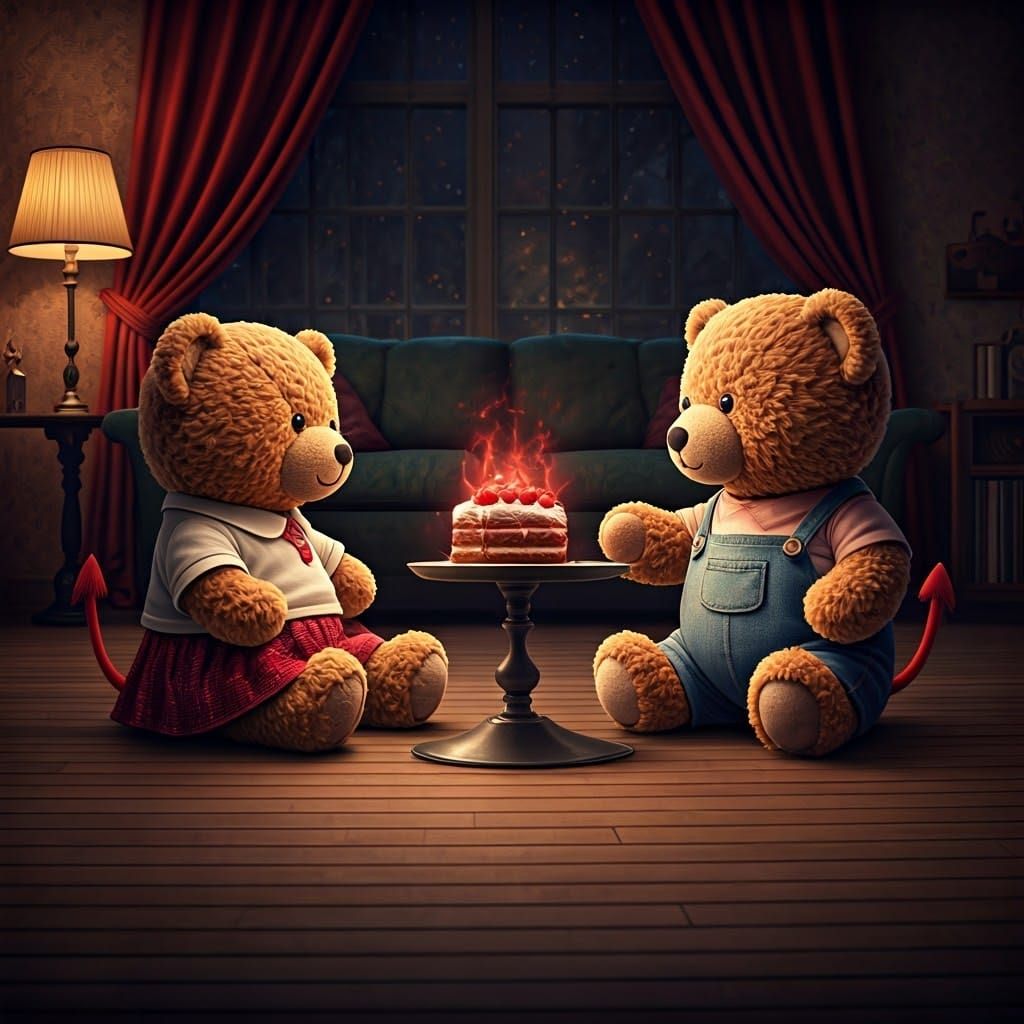 Teddy Bears Summoning the Devil in Cozy Room