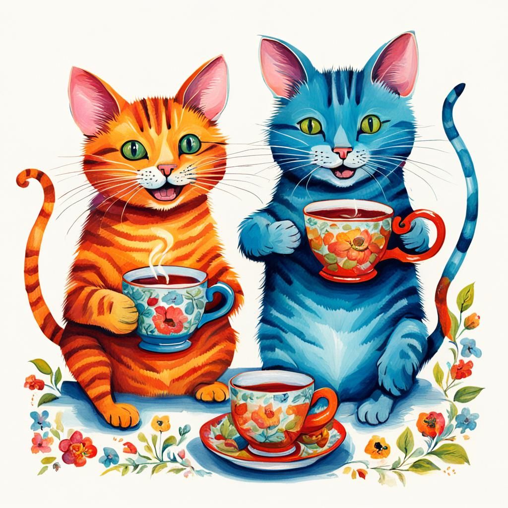 Cat and Mouse Tea Party in Vibrant Colors