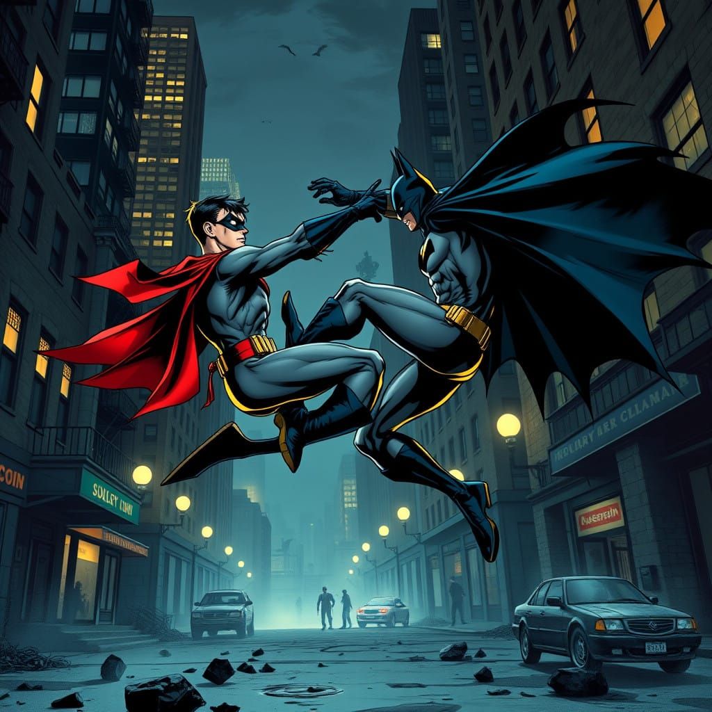 Dark Knights in Fierce Combat, Gotham City Streets, Comic Bo...