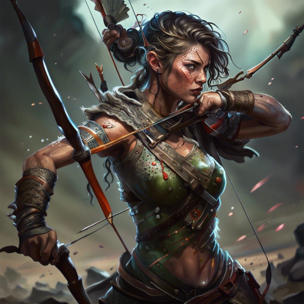 Hyperrealistic Female Archer in Battlefield Scene