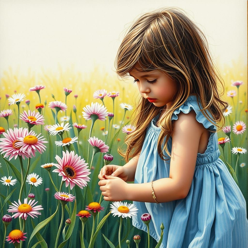 Thick brush pointilism painting of a little girl picking wonderful beautiful flowers in a field; thick brush pointillism...
