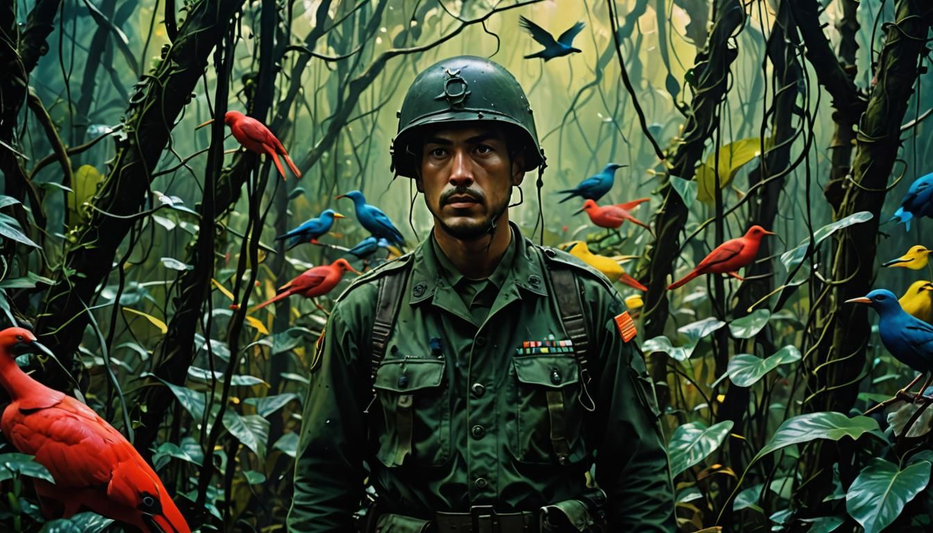 Sweating Soldier in Iridescent Jungle: Surrealist Art