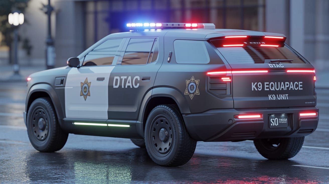 Futuristic K9 Police SUV on Rain-Slicked Street