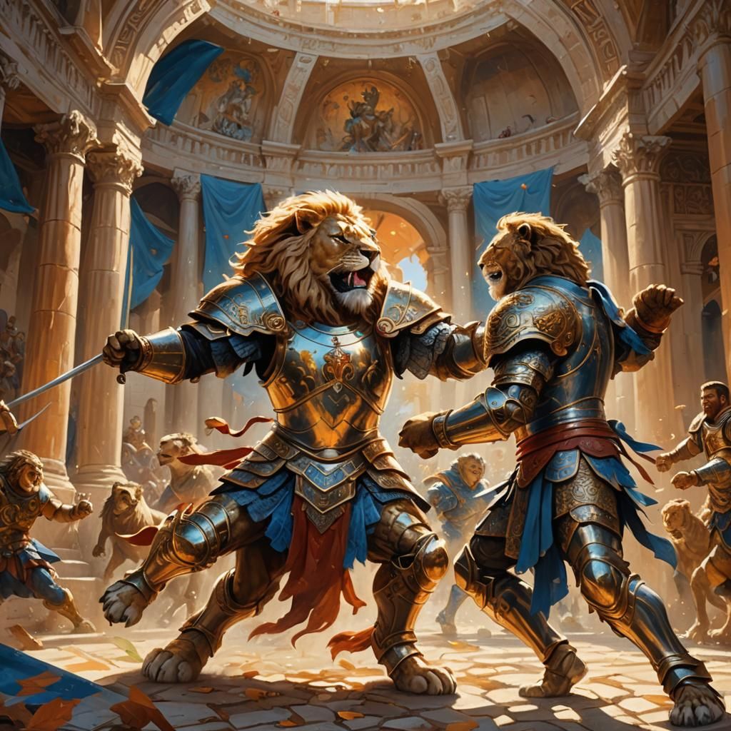 Ornate Warrior Battles Lions in Colosseum Concept Art