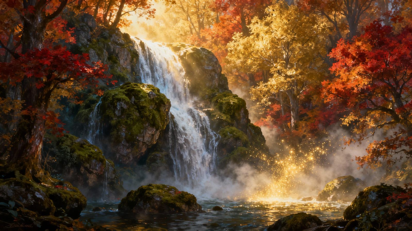 Majestic Autumn Waterfall in Ethereal Golden Light