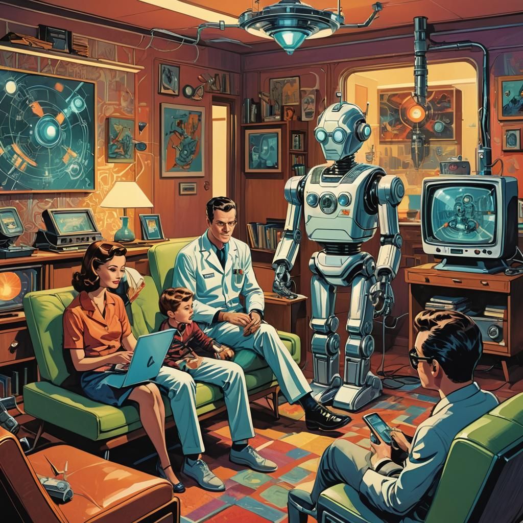 Retro-Futuristic Family Scene in Comic Book Style