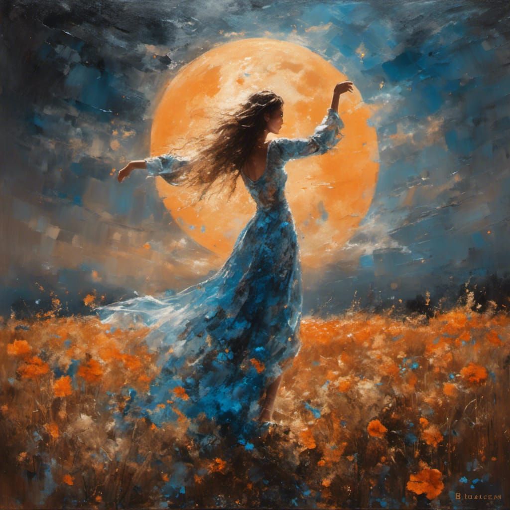 Girl Walks in Moonlit Field: Exquisite Painting