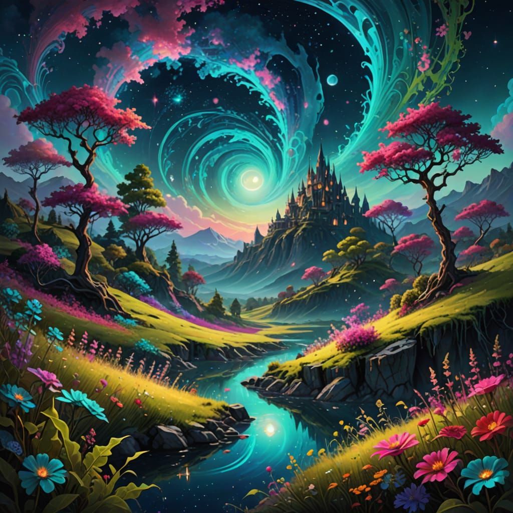 Emerald Dreamscape: Vibrant Flowers Under Starry Skies