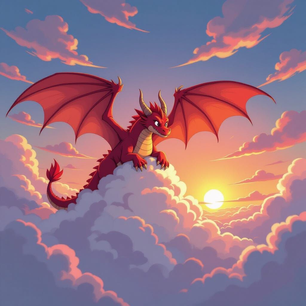Dragon Tumbles Comically in Cloud During Sunset Landing