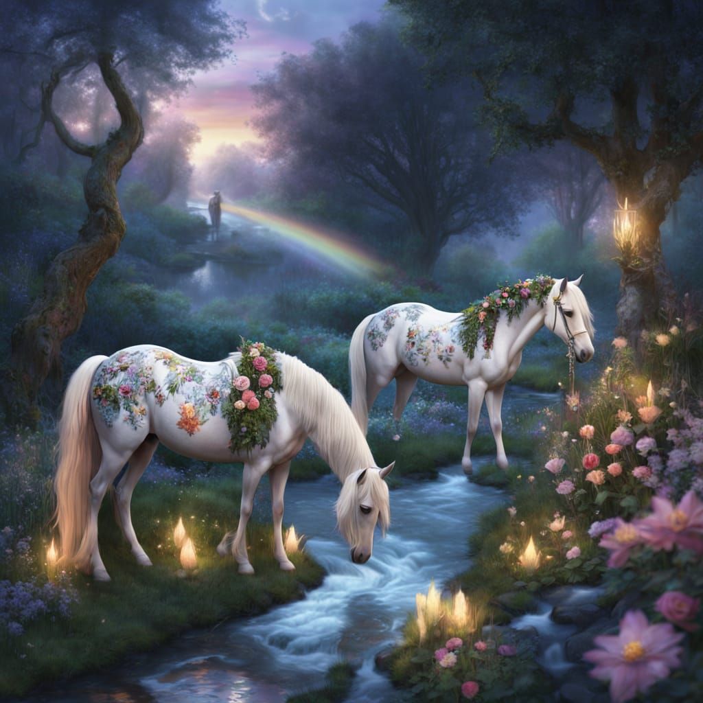 Magical Horse With Flower Coat Drinks From Stream in Twiligh...