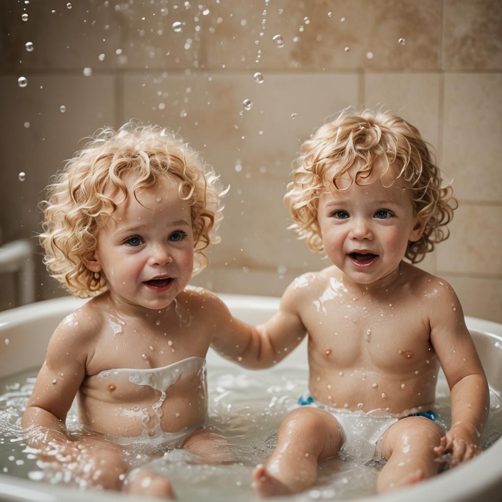 Toddlers' Bathtime Fun Captured in Gentle Light