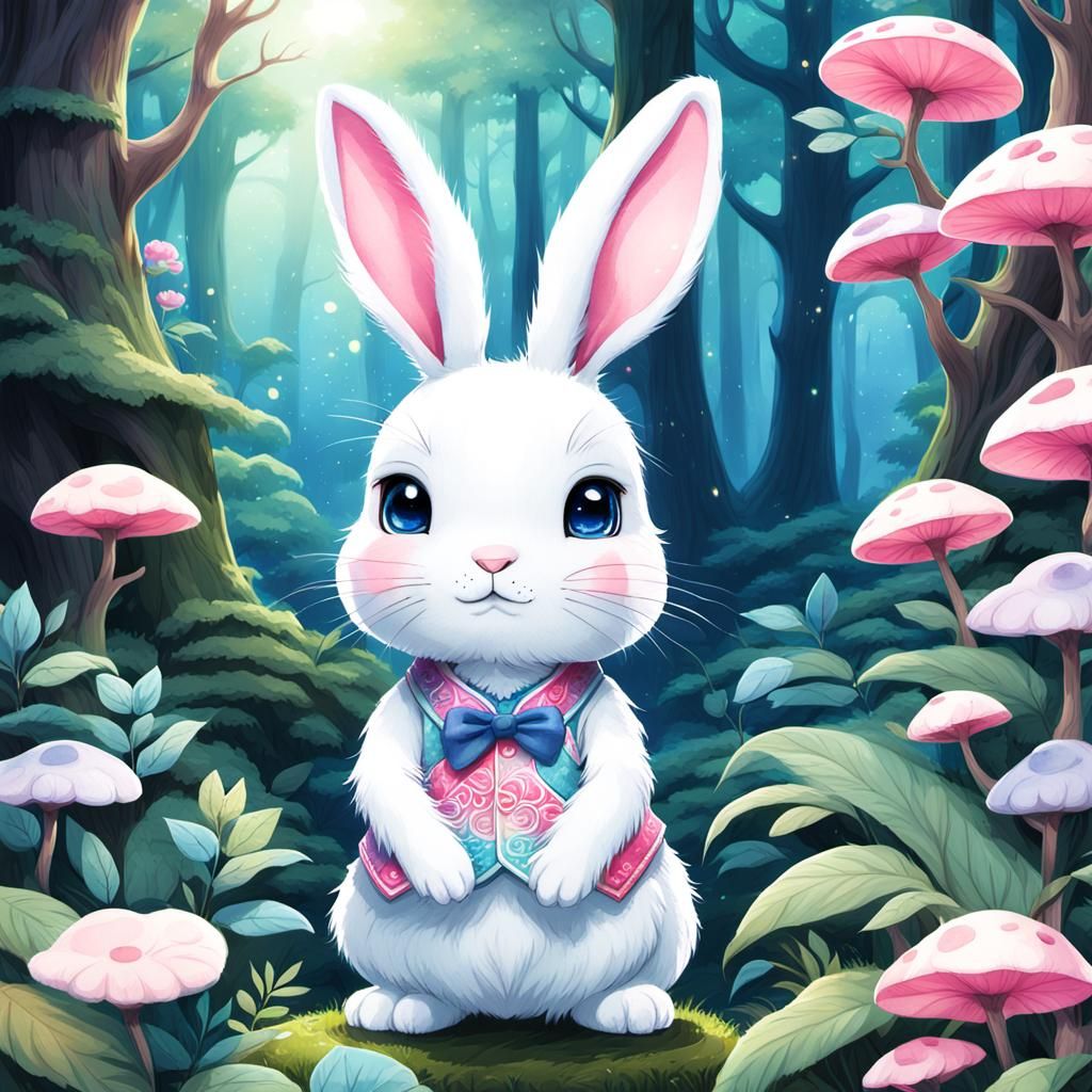 Chibi Bunny in Anime Style Forest Scene