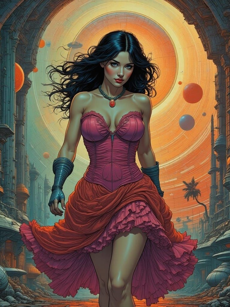 In zero-g ruffle dress, stirring a supernova brew <lora:Nostalgic IosC64 II:1.0>