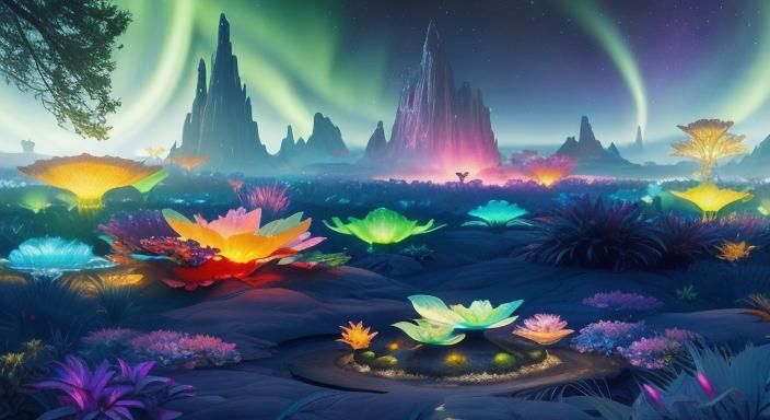 Sci-Fi Alien Zen Garden with Cosmic Sky