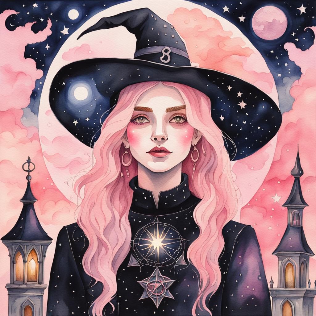 Celestial Witch Watercolor Illustration in Gothic Fantasy St...