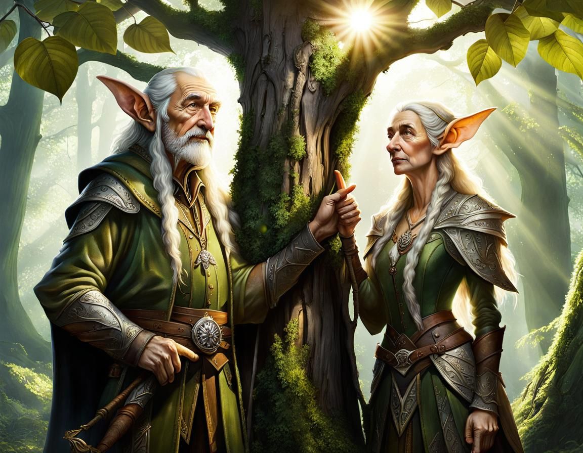 Happy Elderly Wood Elf Couple in Enchanted Wood