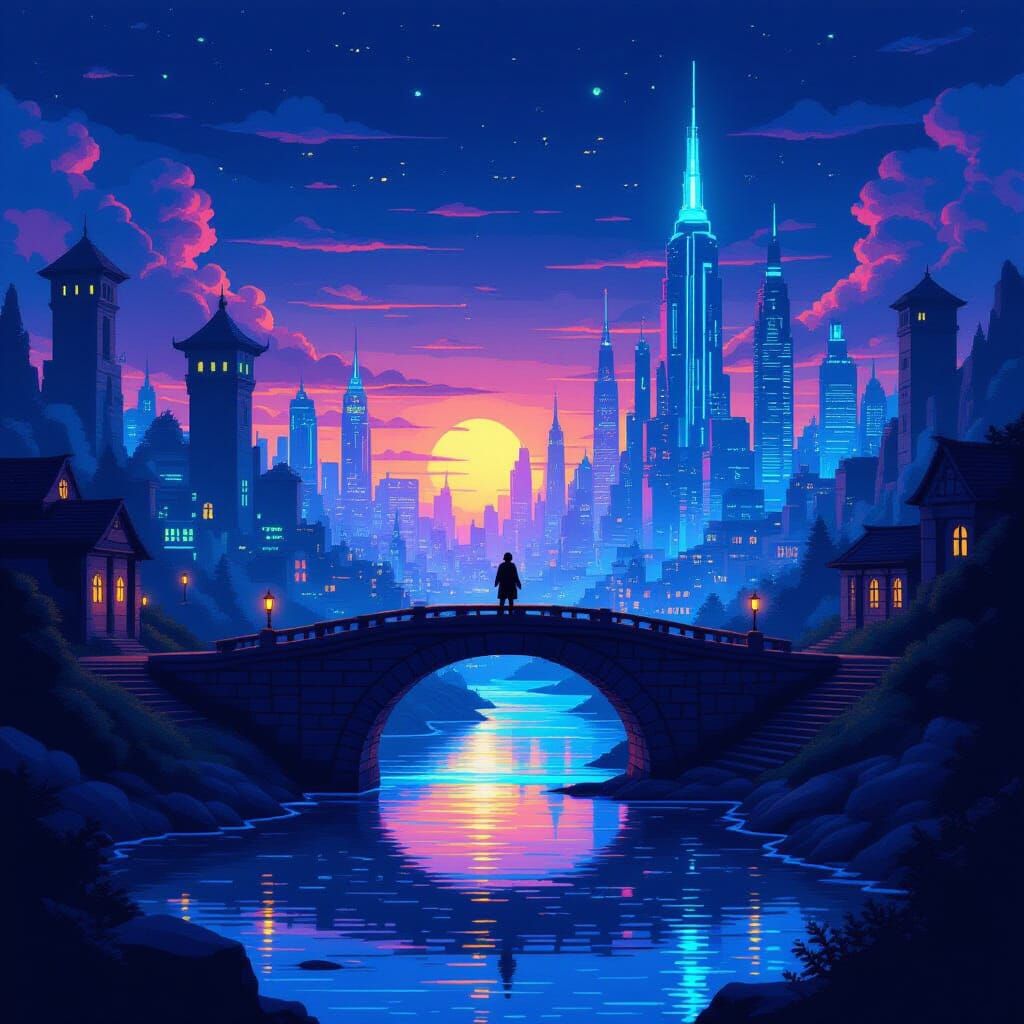 Cyberpunk Cityscape Overlook in 8-Bit Pixel Art