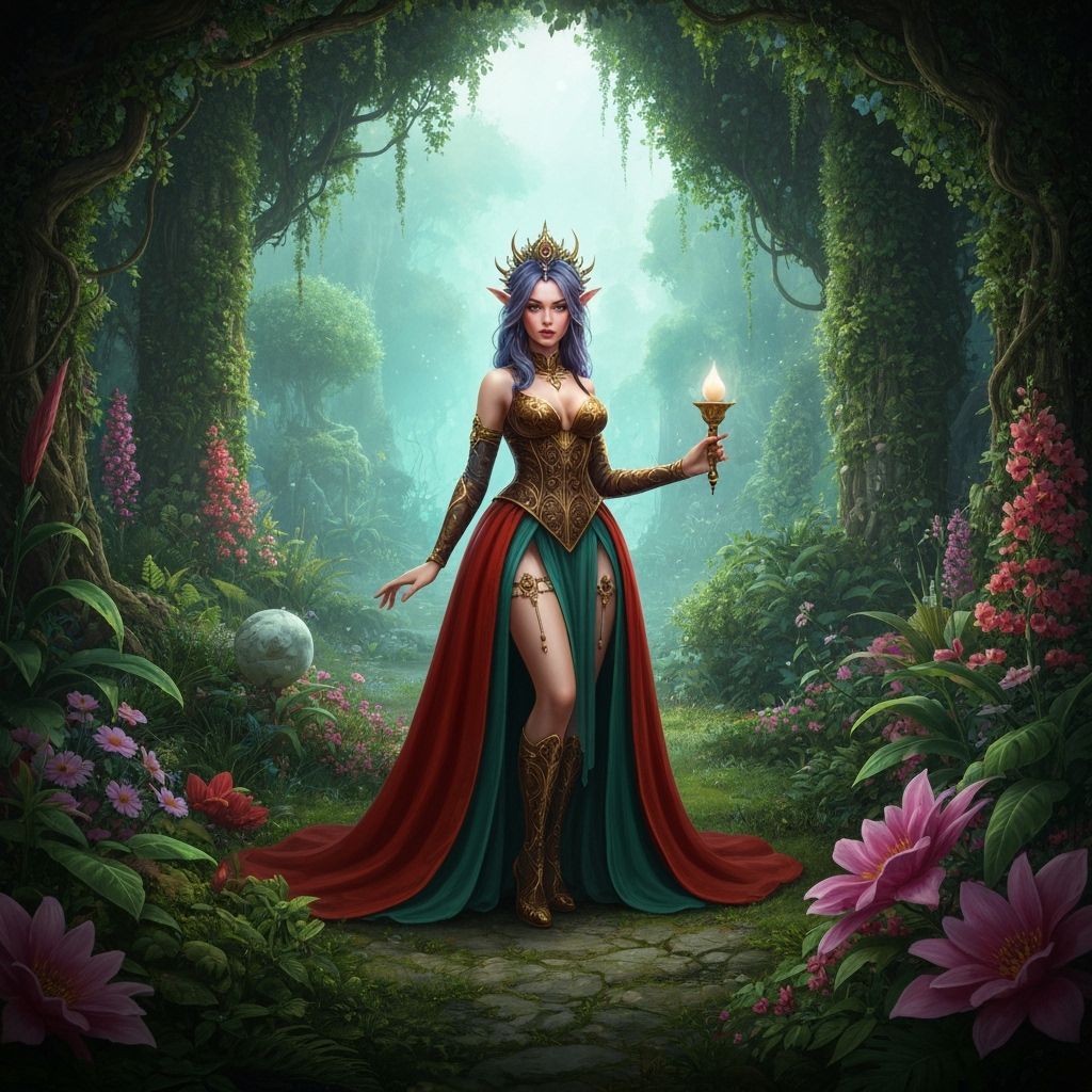 Fantasy Woman Surrounded by Flora in Eerie Realism