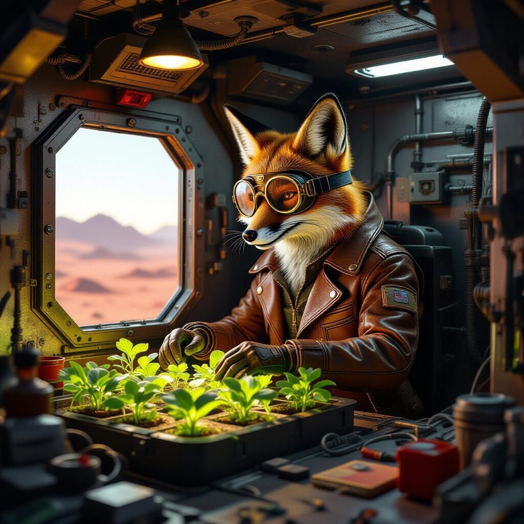 Fox Gardener on Mars in 1950s Sci-Fi Style