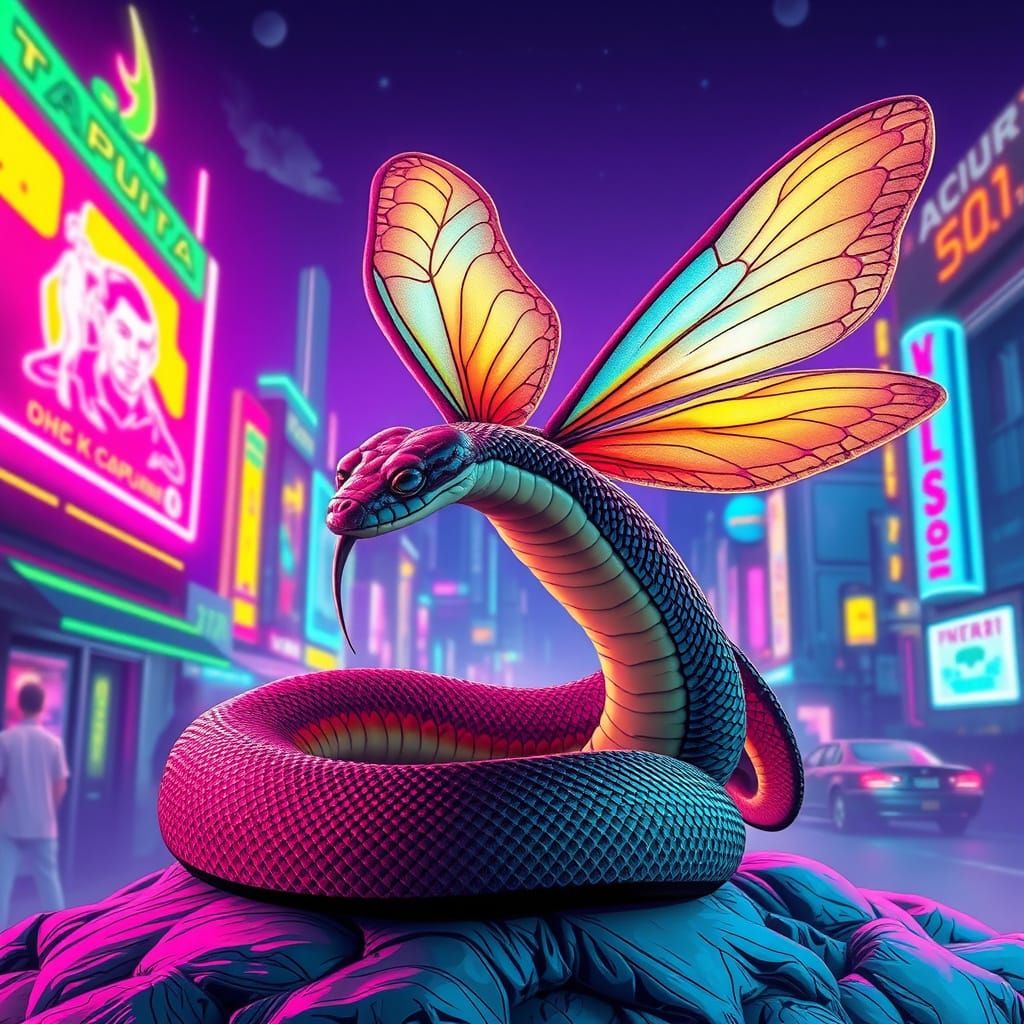 Neon Snake-Winged Hybrid Amidst Cyberpunk Cityscape
