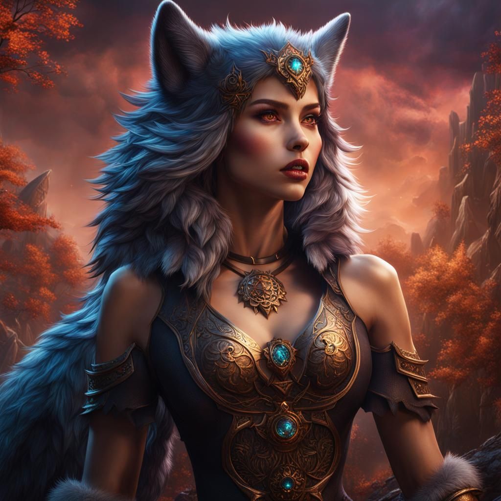 Fantastical Wolf Girl in Detailed Matte Painting