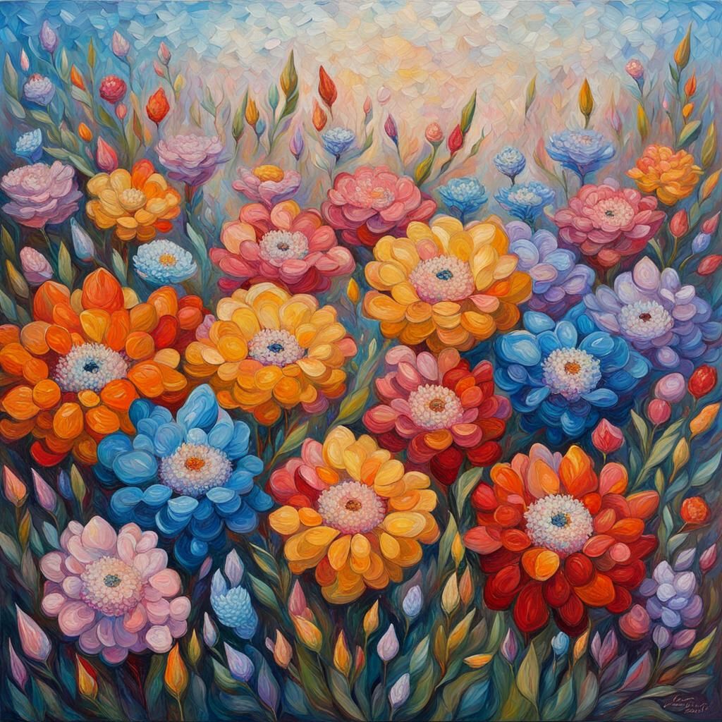 Crystalline Floral Paradise in Expressionist Oil Painting