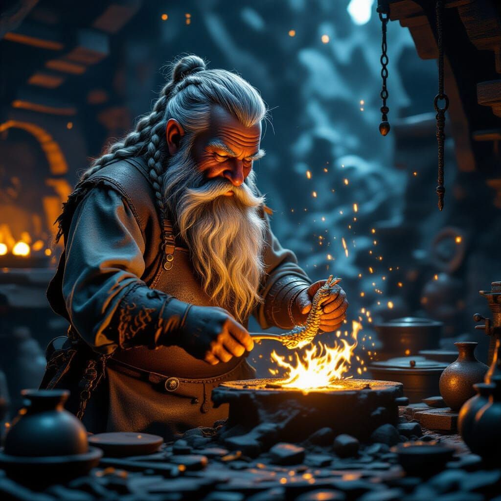 Dwarf Crafts Dragon Figurine in Mountain Forge