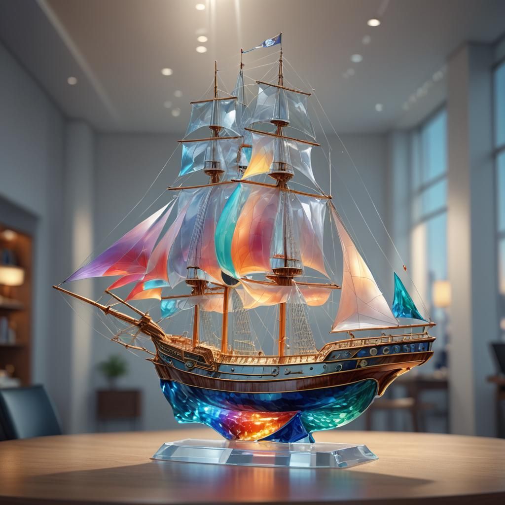 Enameled Crystalline Sailing Ship on Ocean Waves