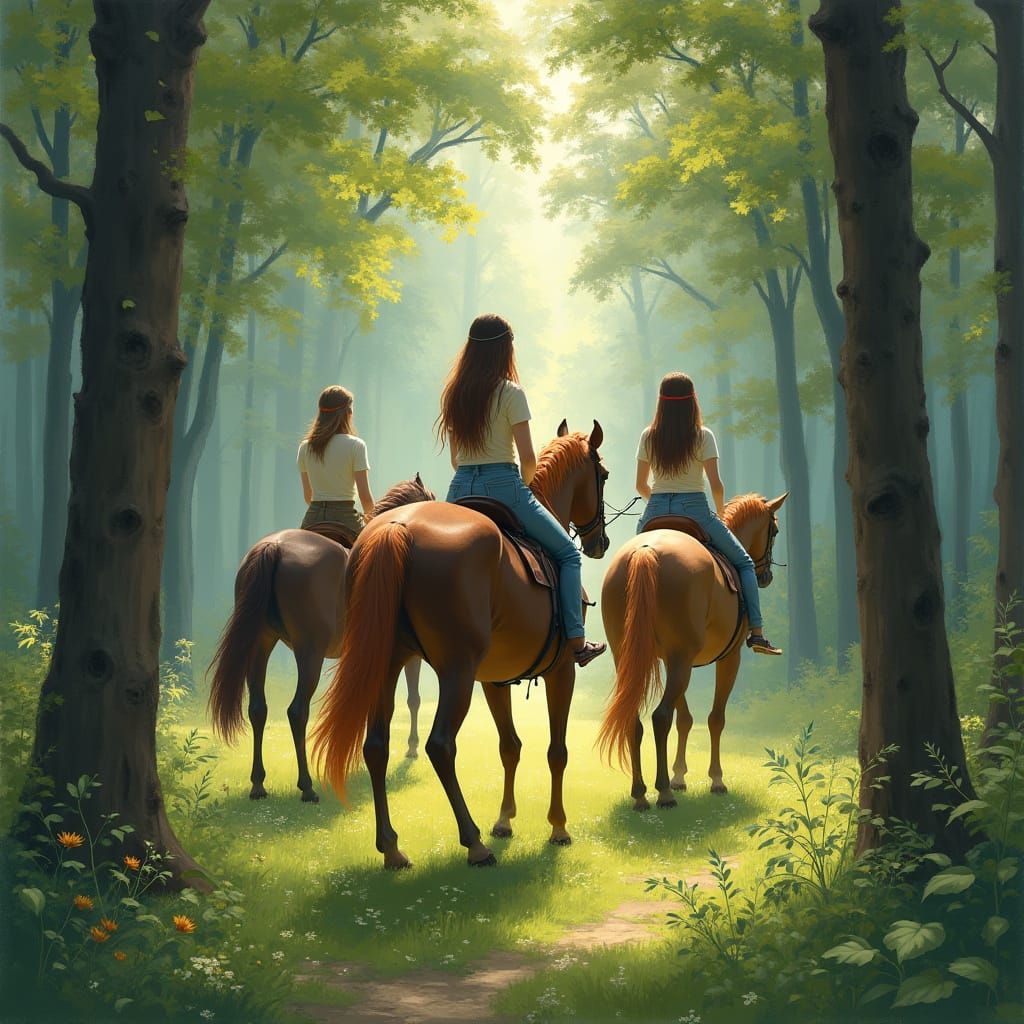 Women Ride Horses Through Serene Forest Landscape