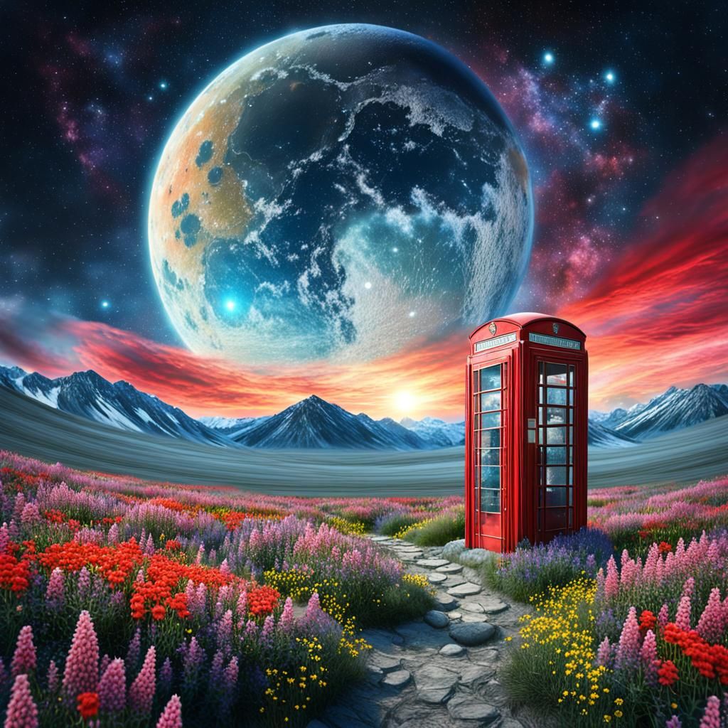 Red Phone Box on the Moon with Wildflowers