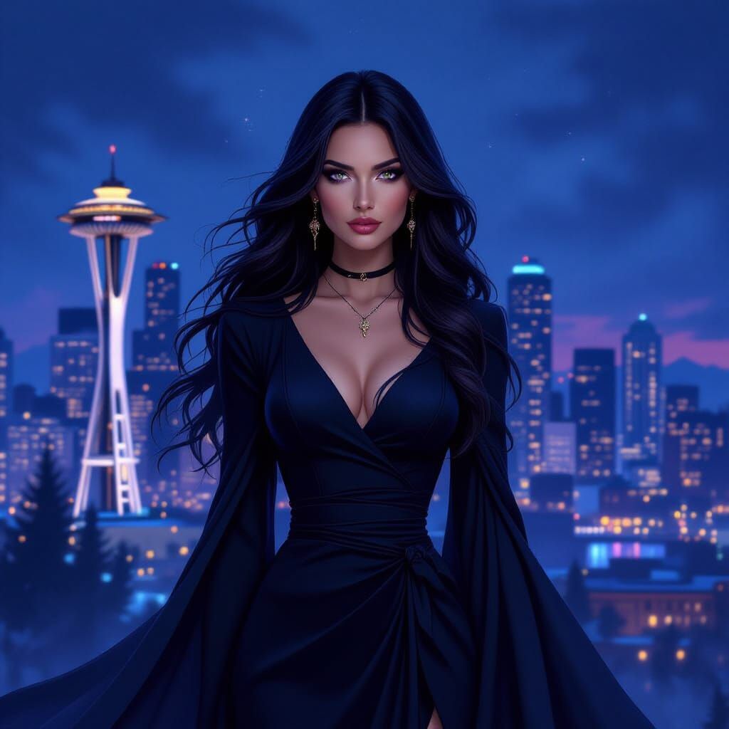 Modern Witchy Woman with Seattle Skyline at Night